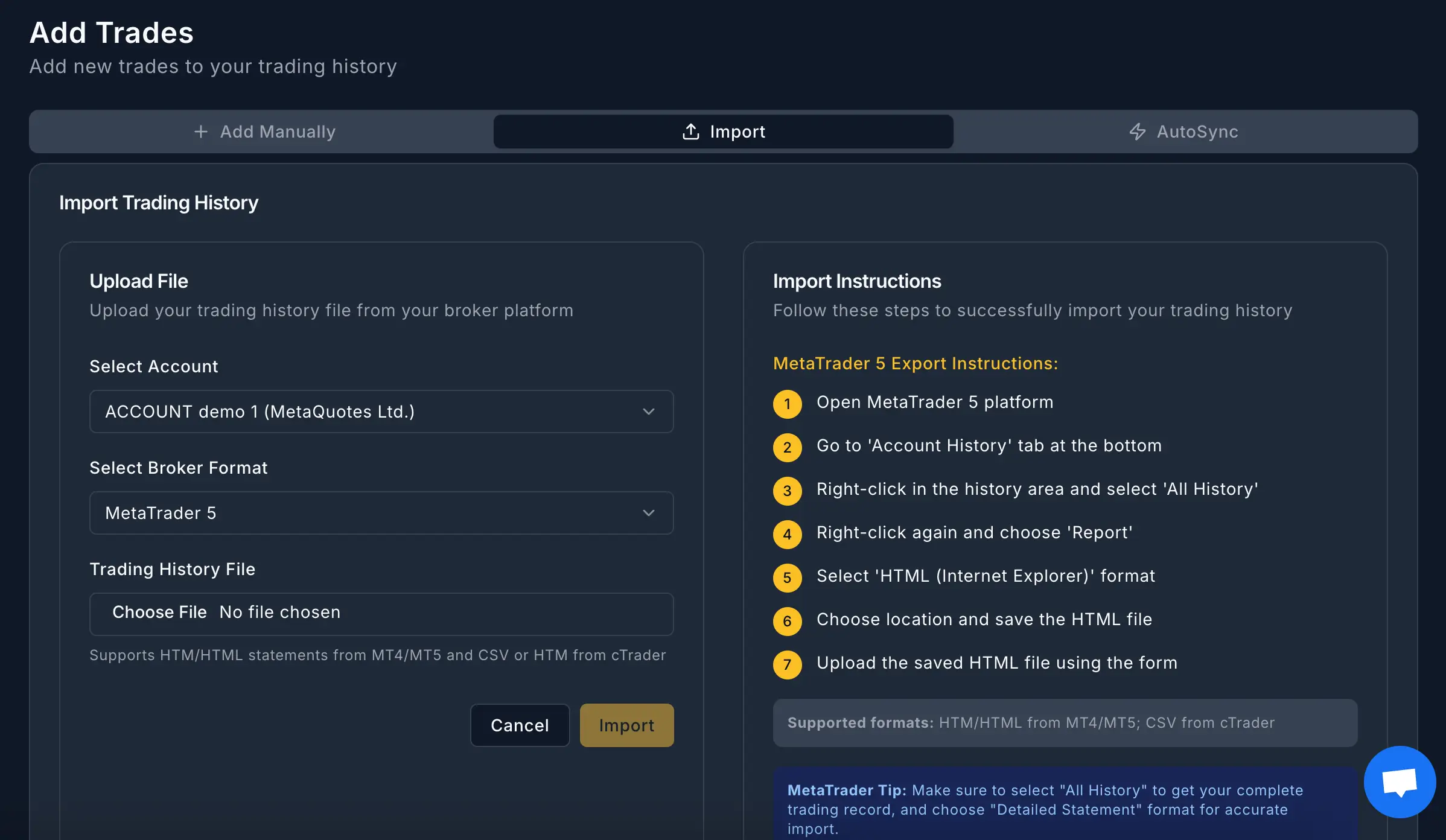 Import MT5 to PlanningTrade