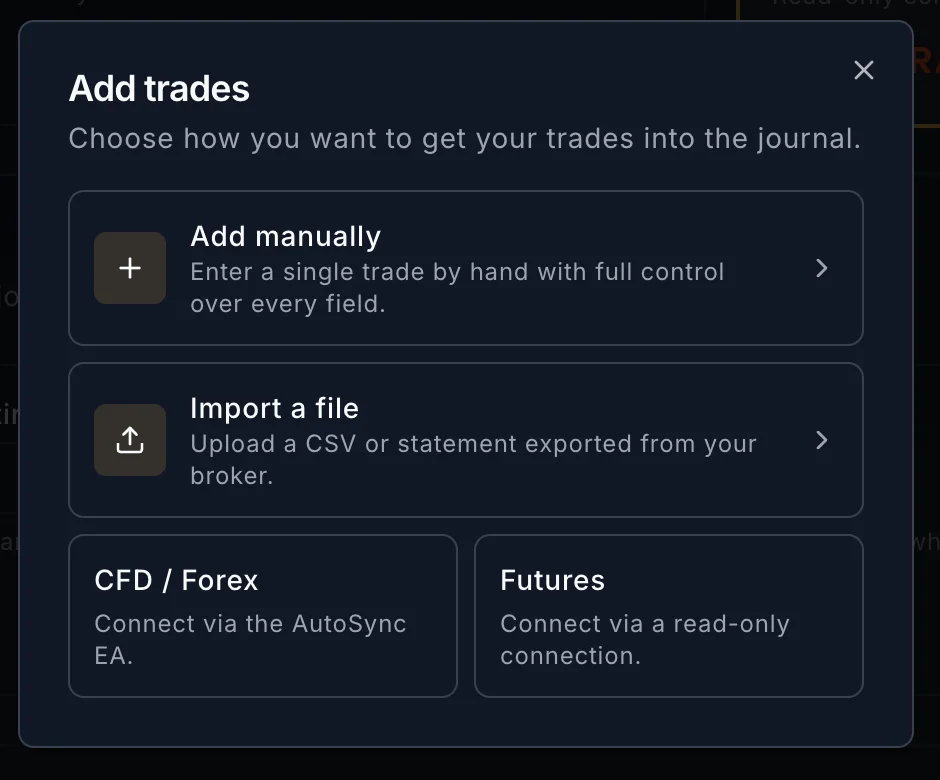 PlanningTrade Add trades dialog after clicking Connect your platform, showing the CFD / Forex and Futures cards