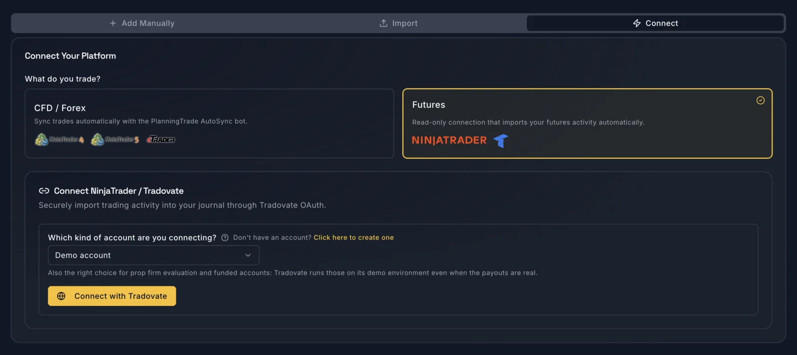 PlanningTrade Connect screen with the Futures option selected and the Connect with Tradovate button