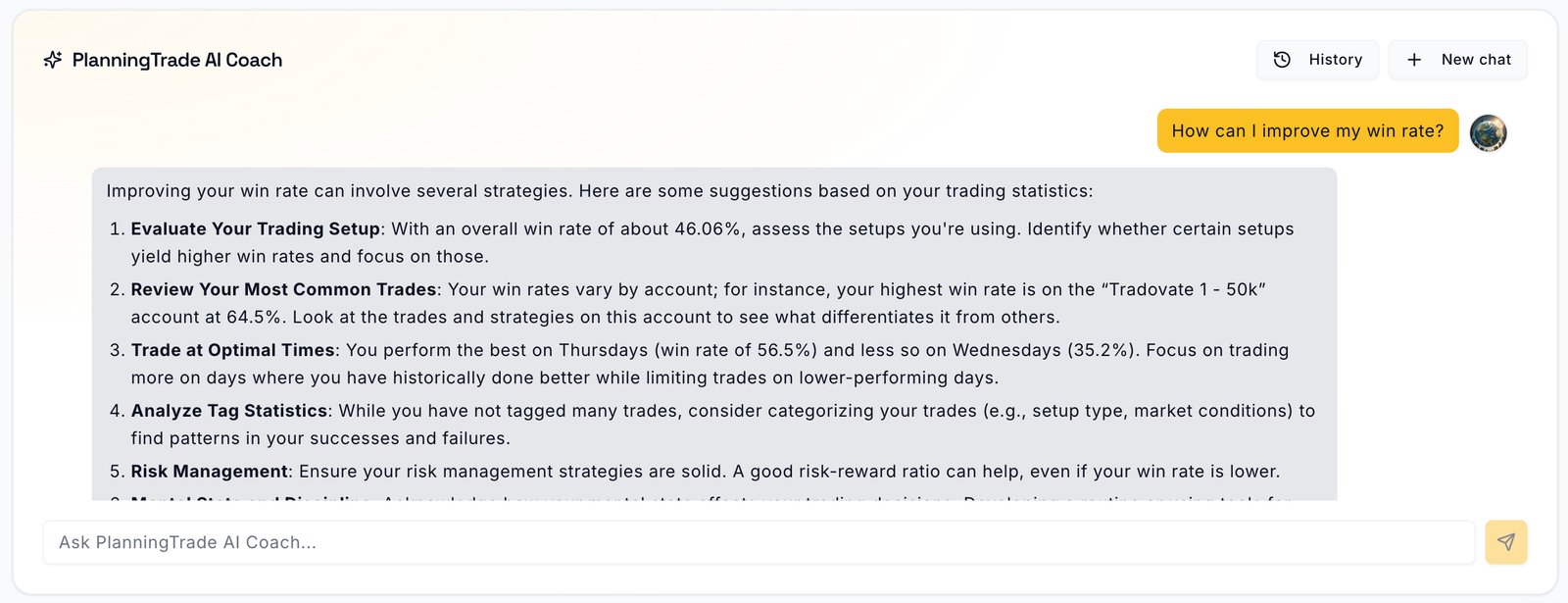 AI Coach chat answering how to improve win rate with account-specific statistics
